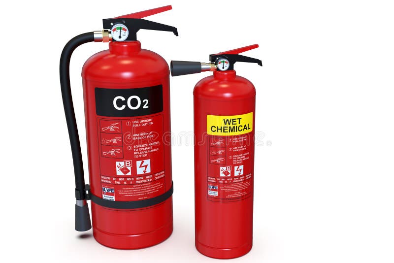 2 red Fire extinguishers, CO2 and Wet chemical stock photography
