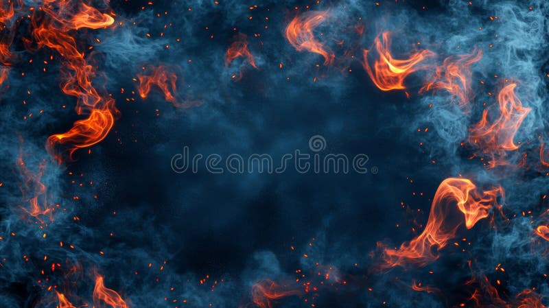 Red fire and smoke superimposed on a black background. A 3D abstract of fiery, floating embers. Apocalyptic heat fog. A royalty free stock photo