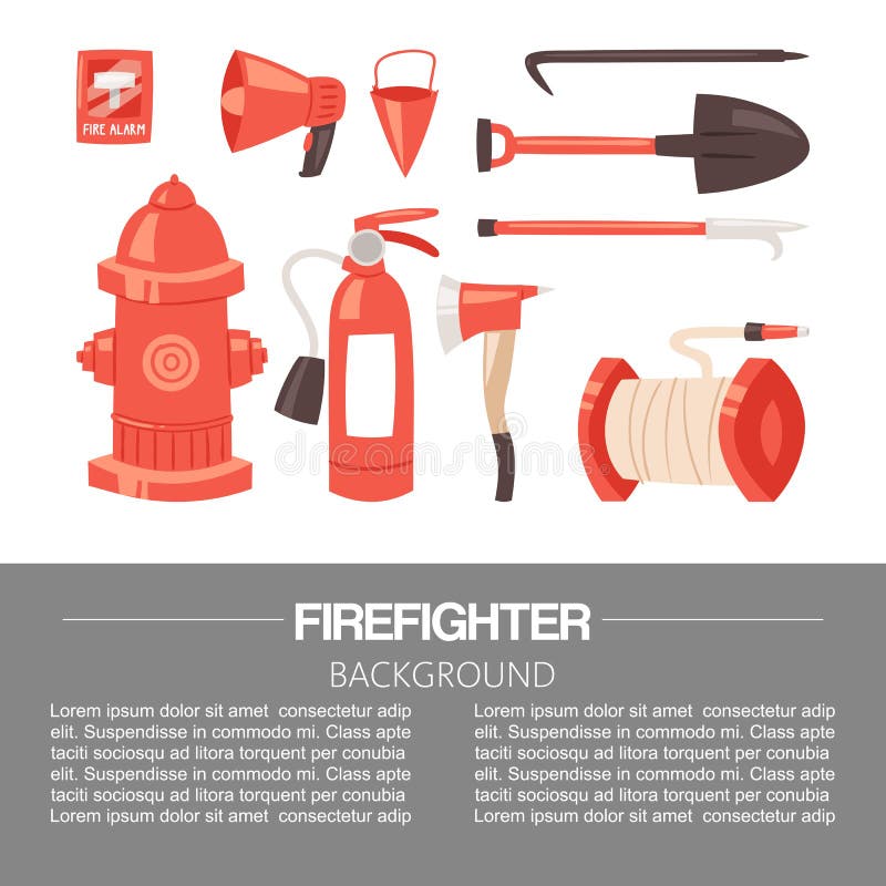 Red firefighter uniform and protection equipment set and instruments. Vector illustration for posters. Shovel, fire.