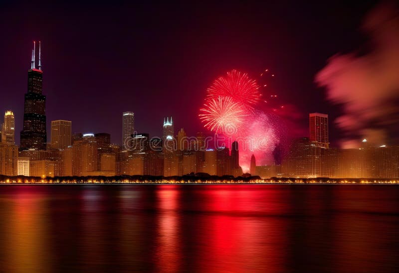 Ai generated Red fireworks above Lake Michigan surrounded