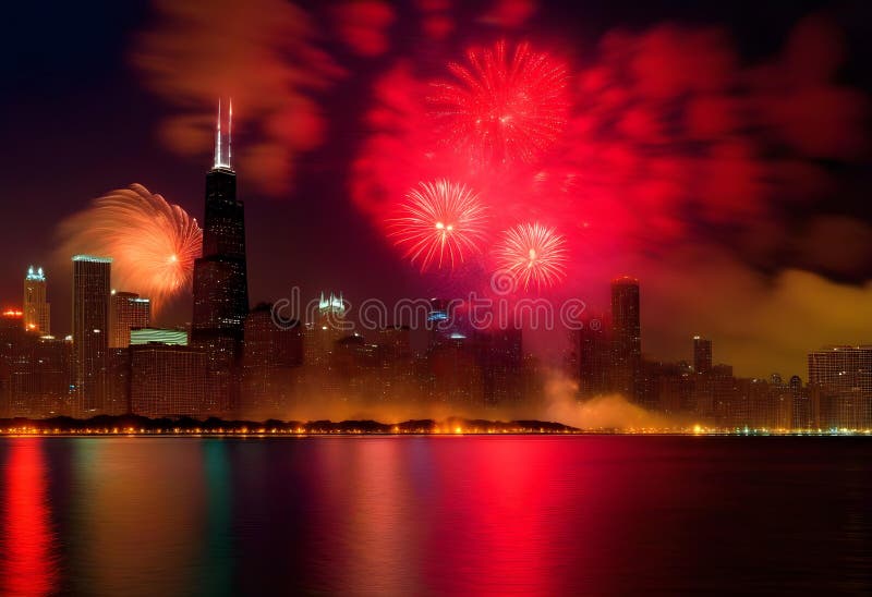 Ai generated Red fireworks above Lake Michigan surrounded