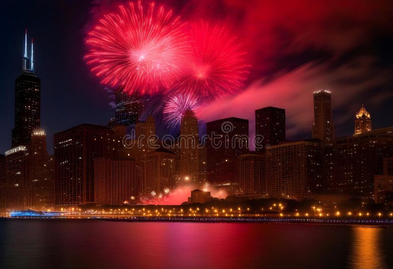 Ai generated Red fireworks above Lake Michigan surrounded