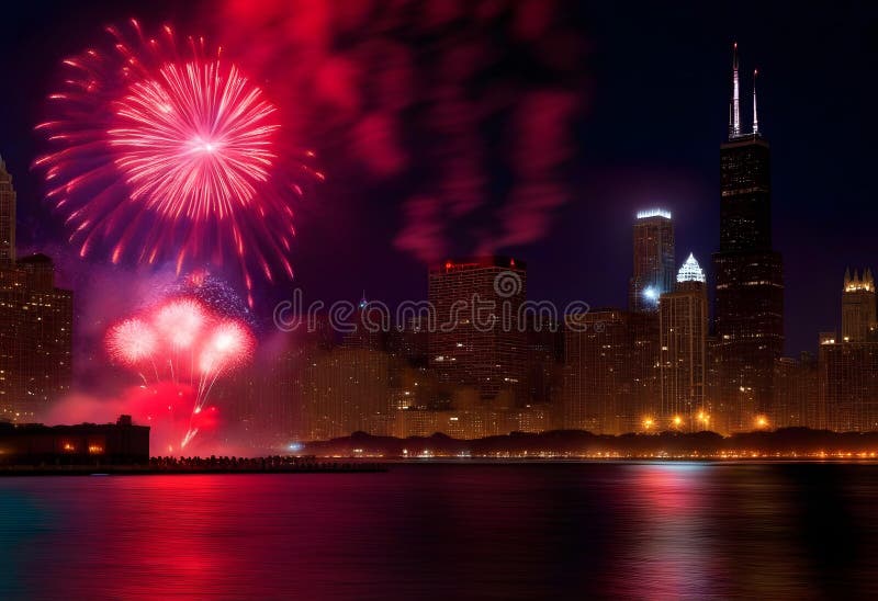 Ai generated Red fireworks above Lake Michigan surrounded