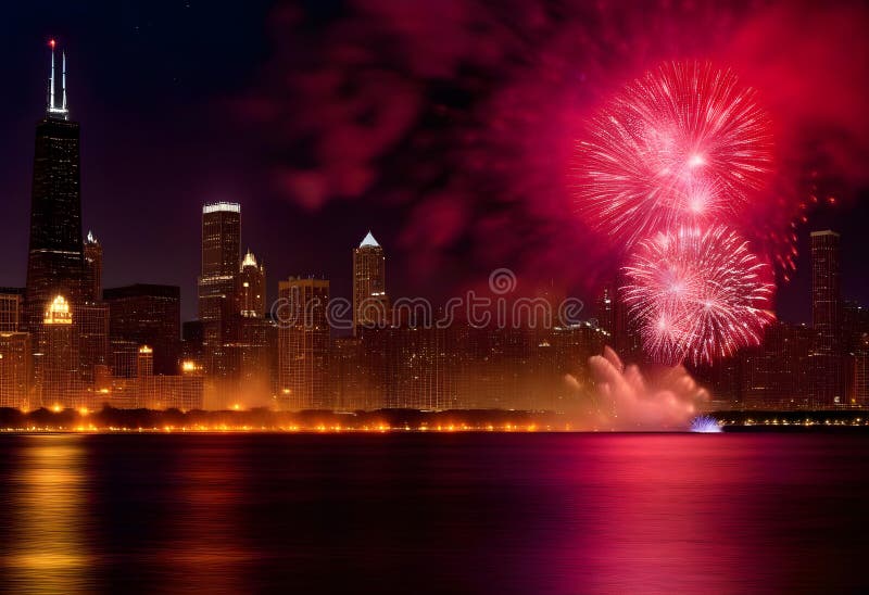 Ai generated Red fireworks above Lake Michigan surrounded