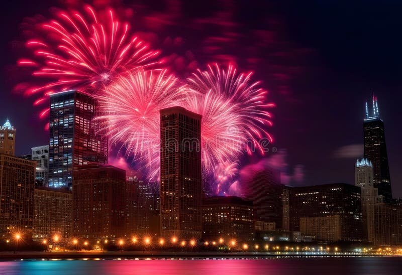 Ai generated Red fireworks above Lake Michigan surrounded