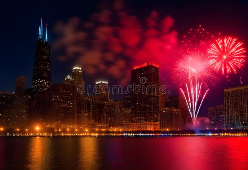 Ai generated Red fireworks above Lake Michigan surrounded