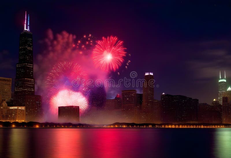 Ai generated Red fireworks above Lake Michigan surrounded