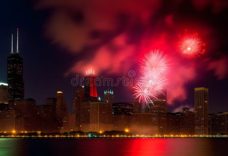 Ai generated Red fireworks above Lake Michigan surrounded