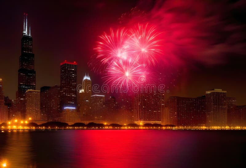 Ai generated Red fireworks above Lake Michigan surrounded