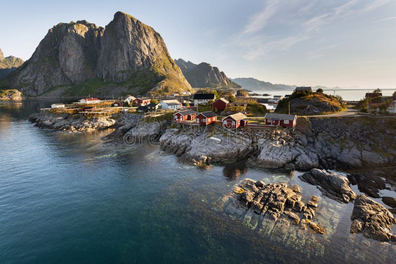 Red fishing hut (rorbu) on the Hamnoy island, Norway