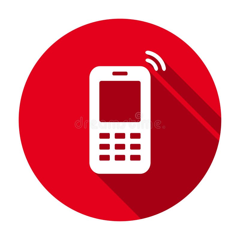 Red Flat Round Mobile Phone Icon, Button with Long Shadow Isolated on a