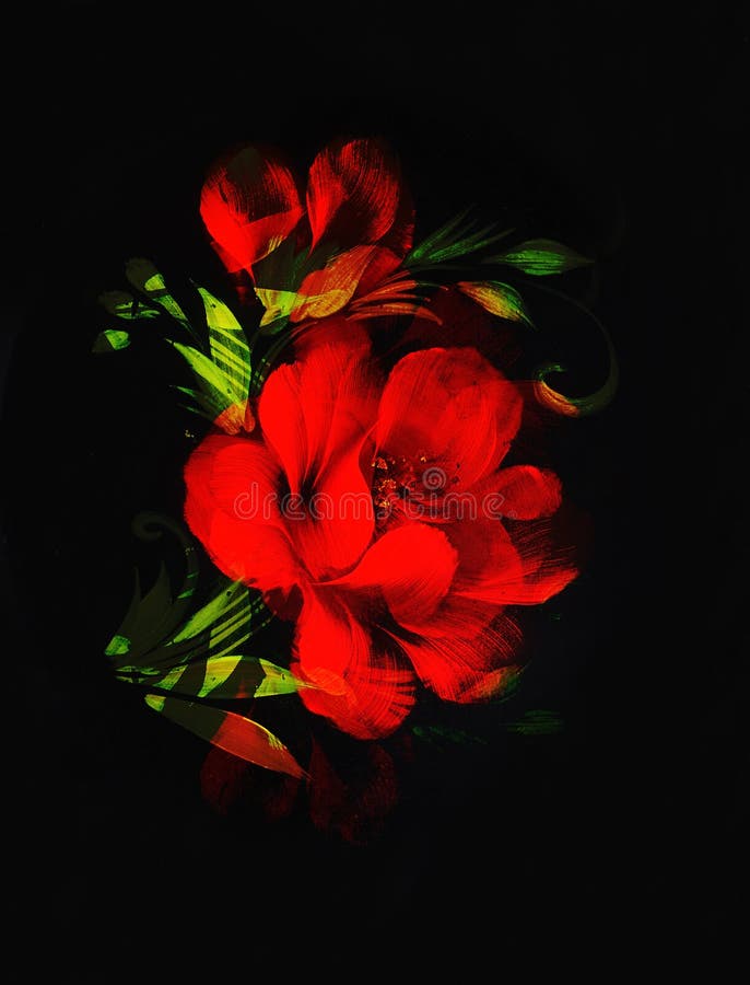 Red Flower on Black Background. Painting and Computer Collage. Stock