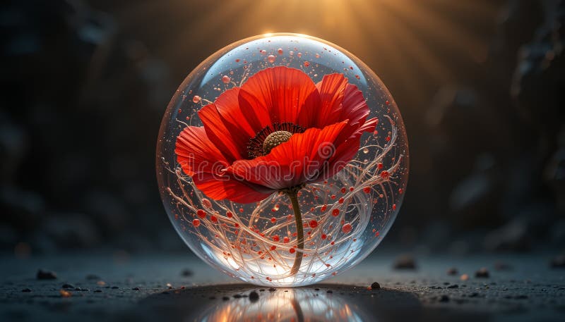 Red Flower in Glass Bubble Surreal Botanical Art Etherical Structures&Vivid AIGenerated Floral Photography illustrazione vettoriale
