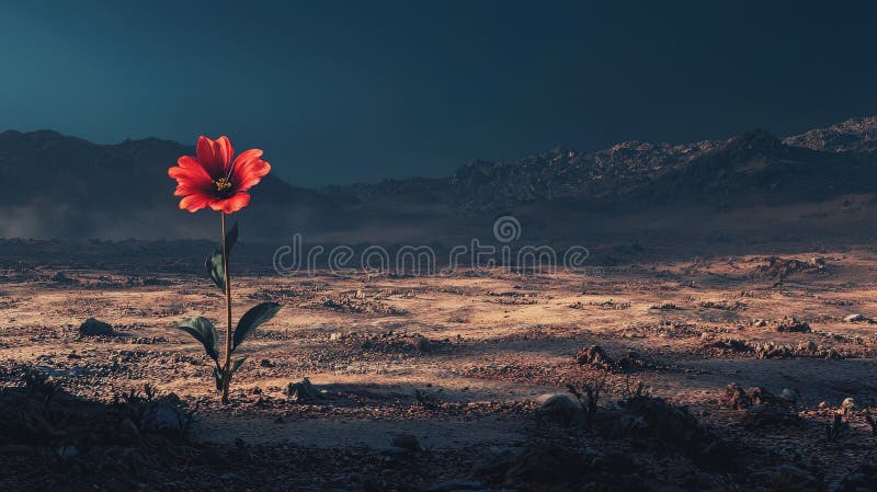 Red flower illuminated in barren moonlit landscape royalty free stock photo