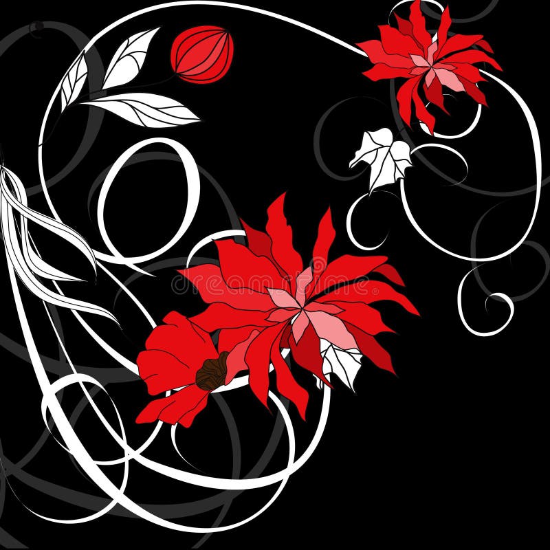 Red Flowers on Black Background Stock Vector Illustration of