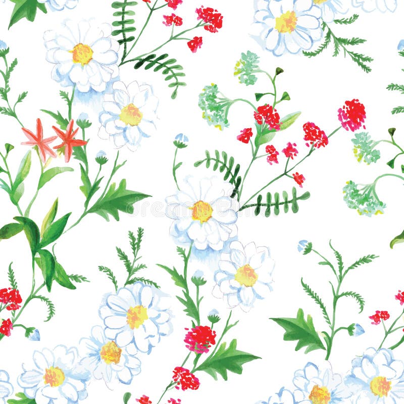 Red flowers and camomiles seamless vector print