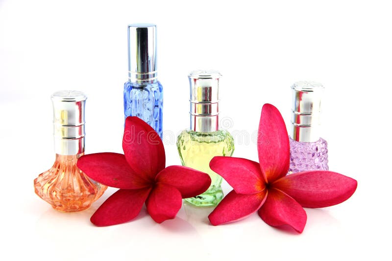 The Red flowers and Orange,Blue,Green,Violet Perfume bottles.