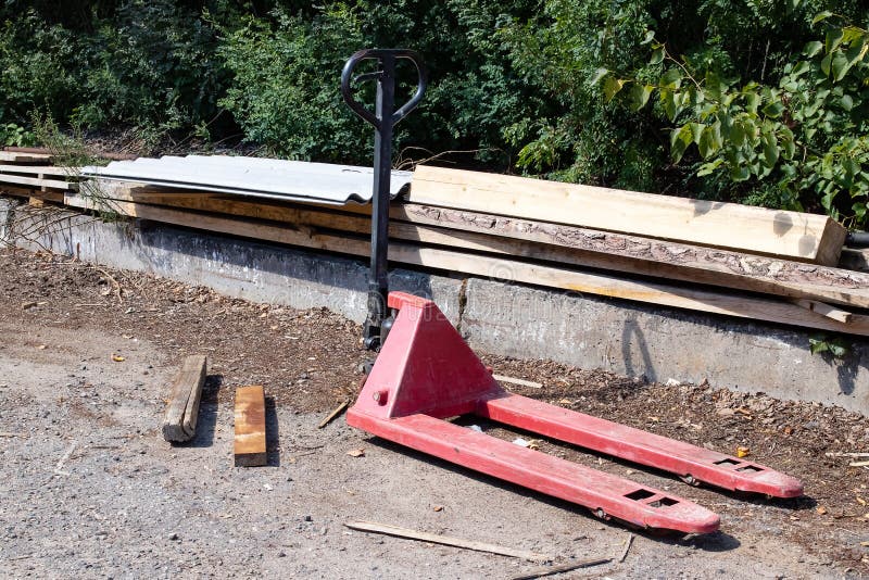 Red Forklift Cart at the Sawmill in the Yard Stock Image - Image of