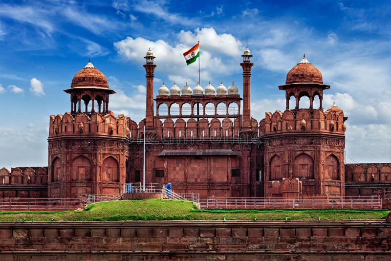 Red Fort Lal Qila with Indian flag. Delhi, India