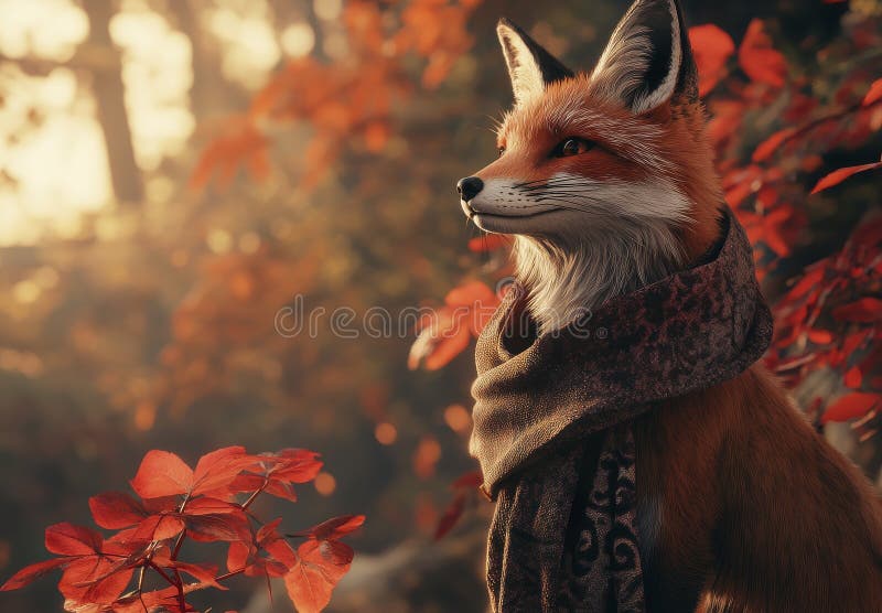 Red Fox in Autumn Forest Sunlight Wearing Scarf stock illustration