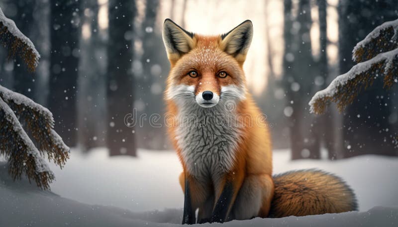 A Red Fox Sitting in the Snow in Front of a Forest Stock Illustration ...