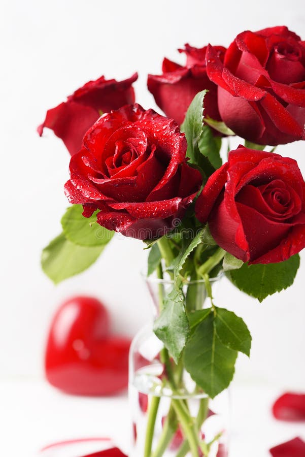 Red Fresh Roses On The White Table Stock Photo - Image of design, flora ...