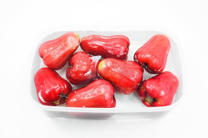 Red freshly rose apple inside cold water, on white background royalty free stock photos