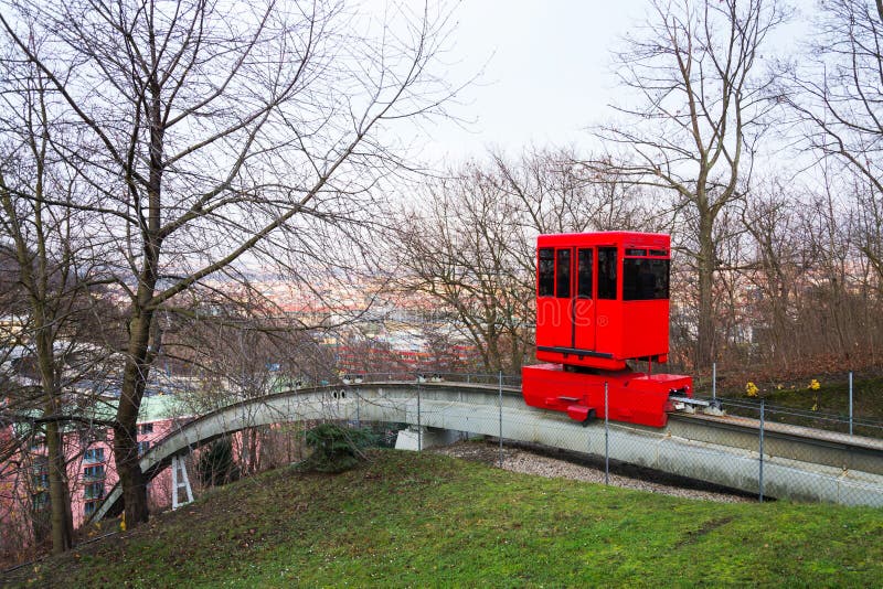 Red funicular rides from Smichov to Mrazovka park in Prague, Czech Republic stock photos Red funicular rides from Smichov to Mrazovka park in Prague, Czech Republic stock photos