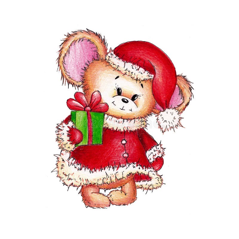 Red Funny Mouse, in a Red Cap, Santa`s Coat with a Gift in His Paw ...