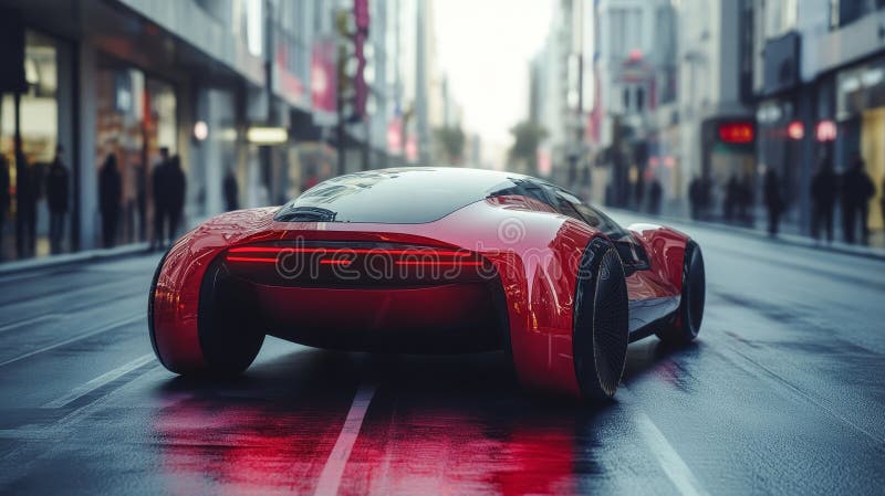 Red Futuristic Sports Car Concept on a City Street Automotive Rendering Electric Vehicle Design vektor abbildung