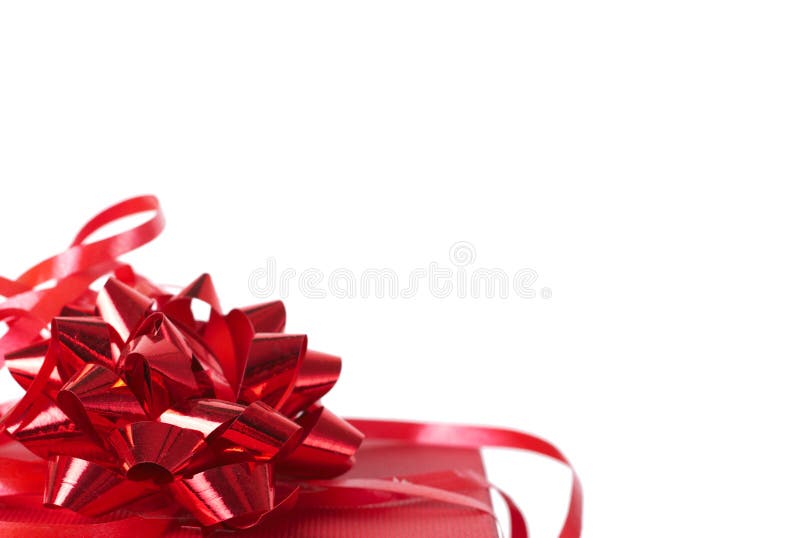 Red gift box with bows on white