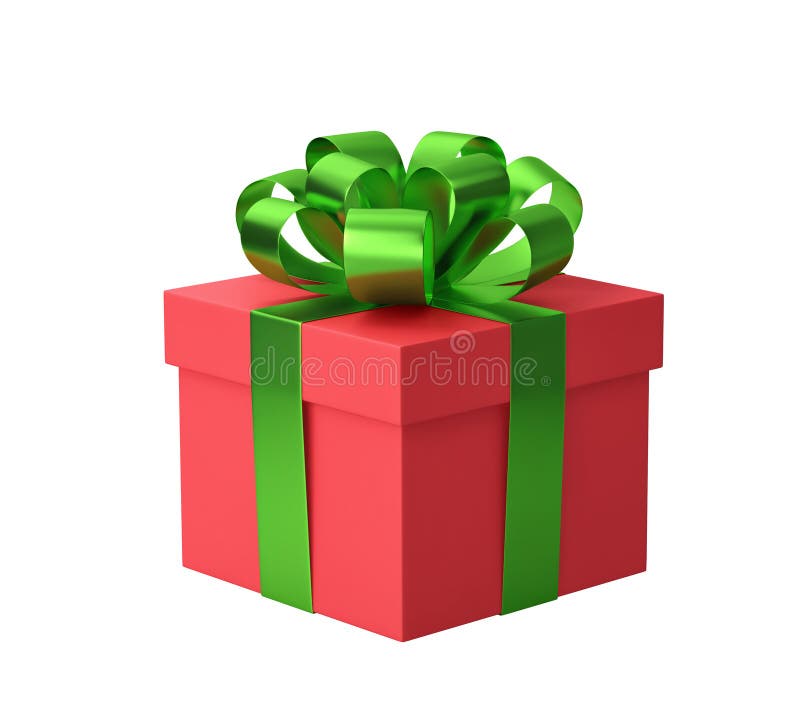 Red Gift Box with Green Ribbon Isolated on White. Clipping Path