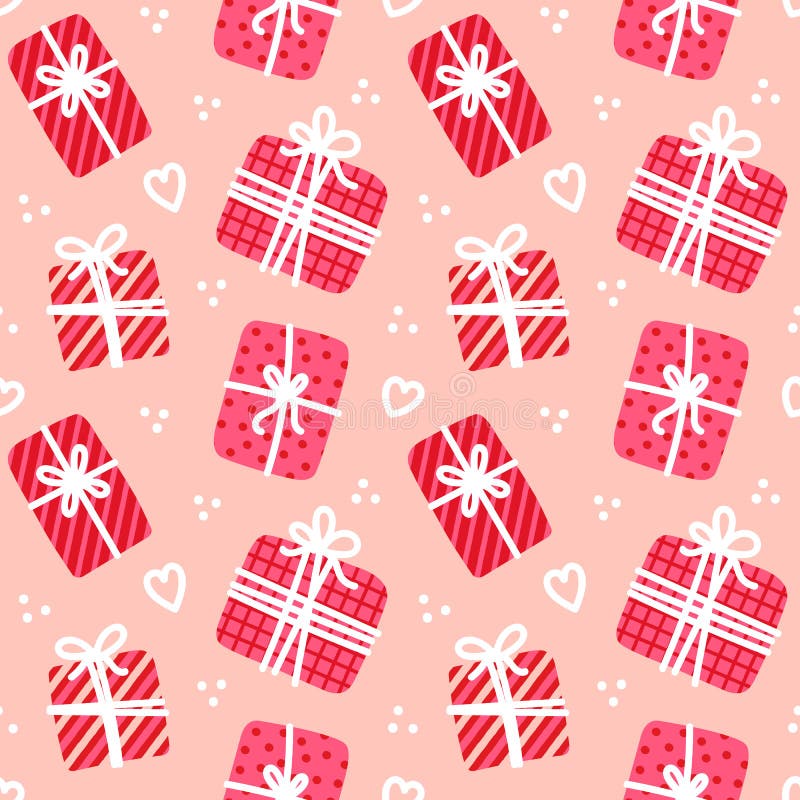 Valentine`s day red gift boxes, parcel, presents and white hearts on pastel pink background seamless pattern