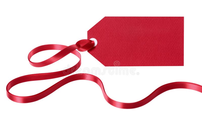 Red gift tag with long curly ribbon isolated on white background