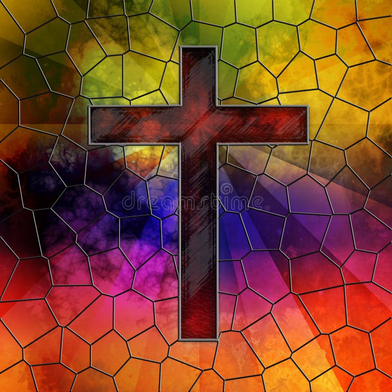 Red Glass Cross on Stained Glass Window Panel Stock Illustration