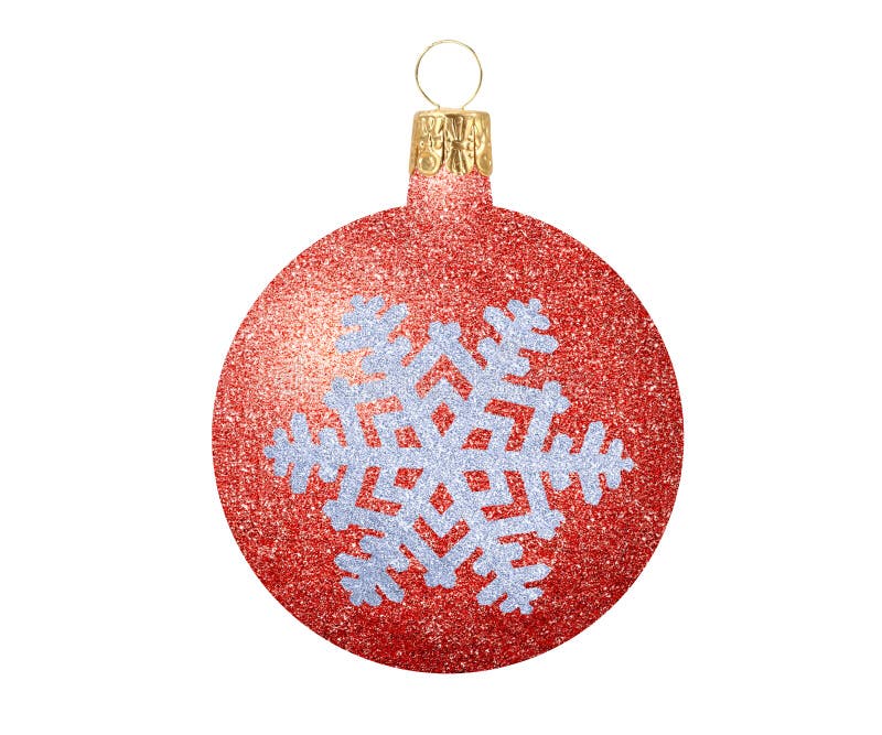 Red Glitter Christmas Ball with Snowflake Isolated on White Stock Image