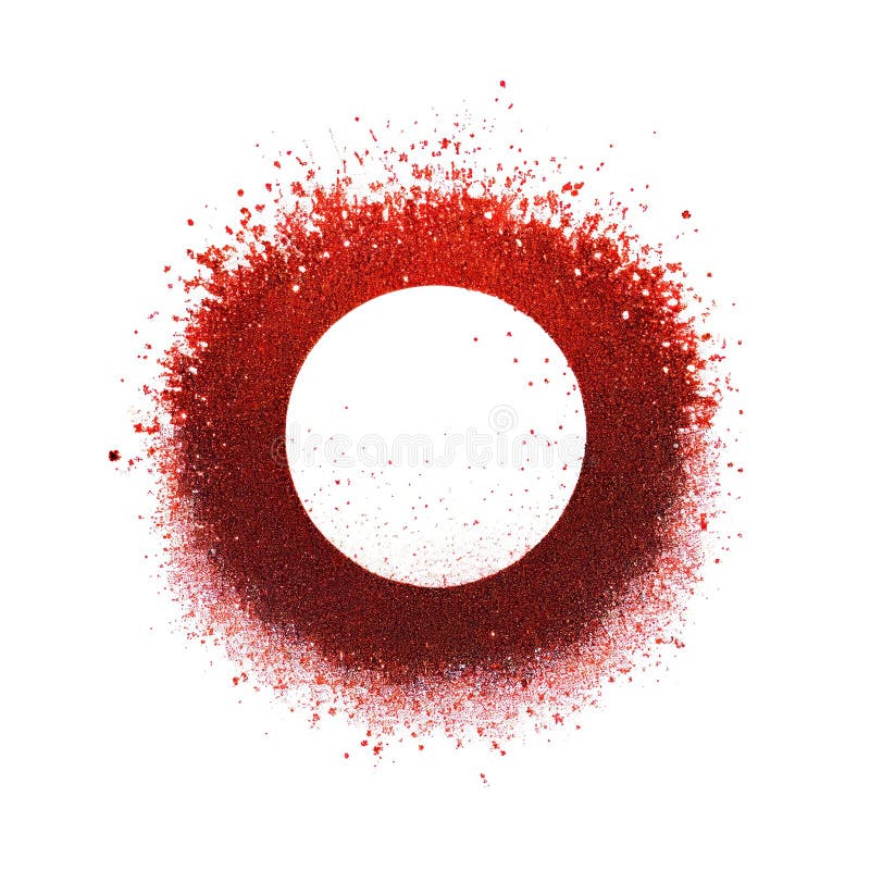 Red Glitter Swirling Particles on Circle Frame Isolated on White