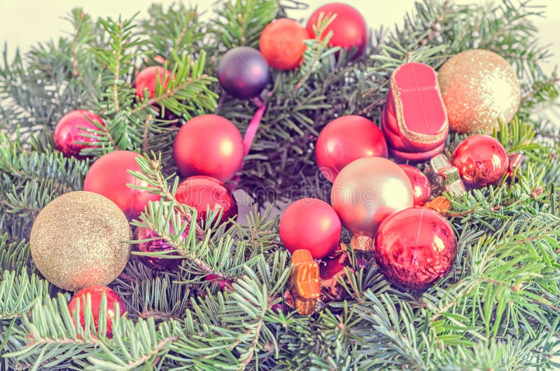 Red Globe Ornaments Christmas Tree, Pine Branch Close Up Stock Image