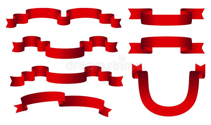Red glossy ribbon vector banners set. Ribbons collection isolated on white background stock illustration