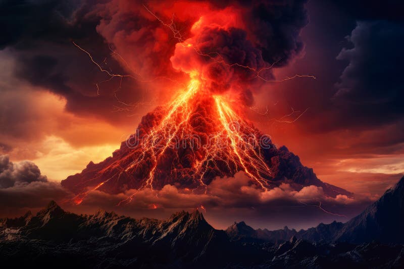 Red glowing lava flows from a volcano. A volcano erupting lava with and thunder and dark smoke vector illustration