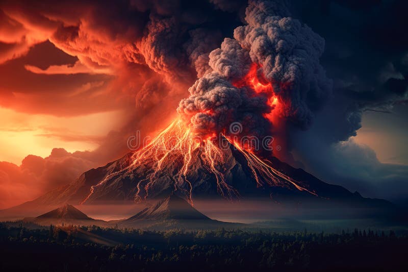 Red glowing lava flows from a volcano. Volcano eruption, flowing magma, dangerous clouds and dark environment royalty free illustration