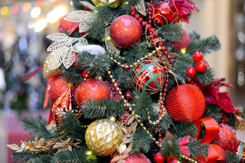 Red and Gold Christmas Balls and Garlands on Christmas Tree Stock Image ...