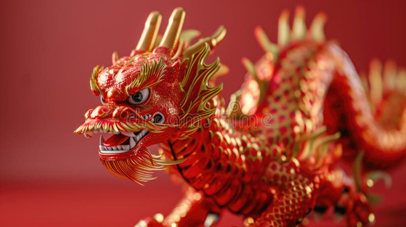 Red and gold dragon statue resting on vibrant red surface. Perfect for adding touch of elegance and stock image
