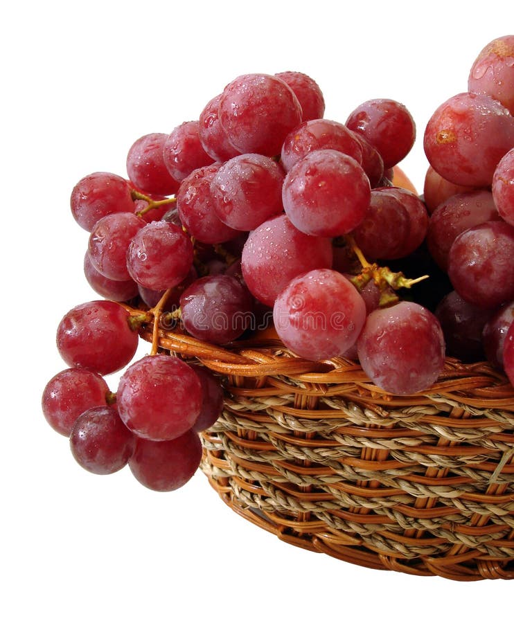 Red grapes with drop of water on basket isolated