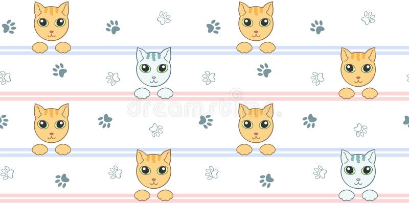 Seamless pattern with cute red and gray cats on a white background with pink and blue stripes and cat footprints