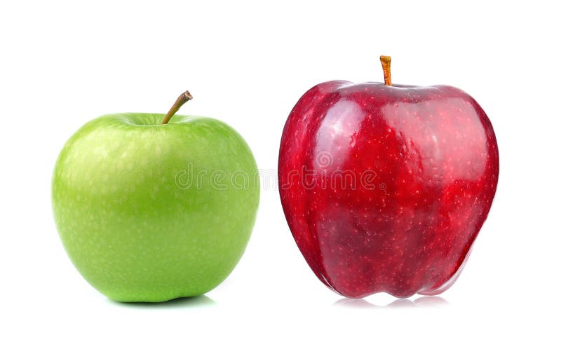 Red and green apple on white background