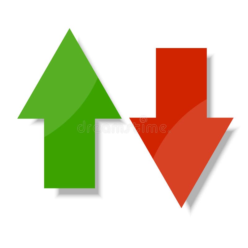 red and green arrows. Green arrow up. Red down arrow. Vector illustration. stock image.