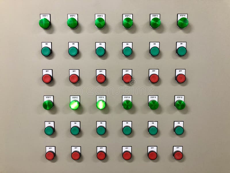 Red and Green Button on the Control Switch Board. Stock Photo Image