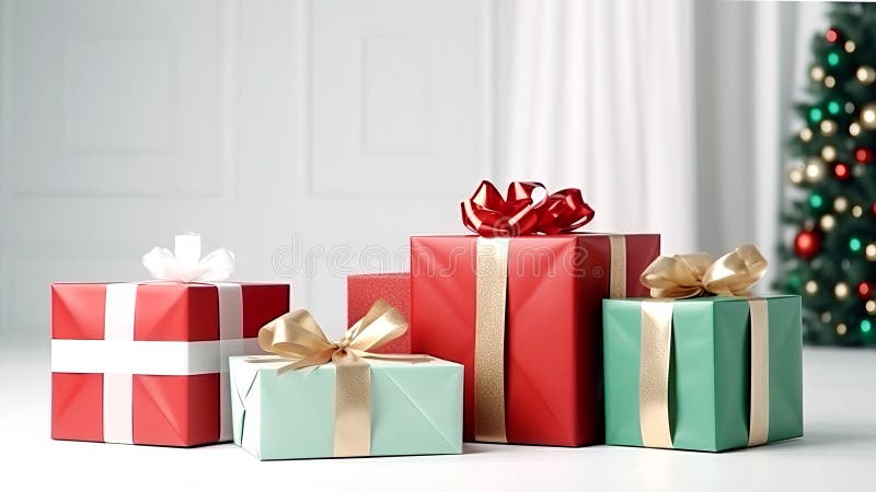 Red and green christmas gifts. AI generated.