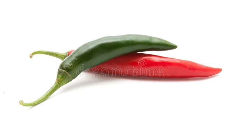 Red and green hot chili peppers isolated on white background closeup